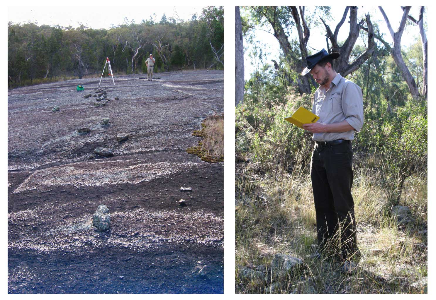 Robert Fuller surveys a stone arrangement in Armidale, NSW (left) and Duane Hamacher examines a small stone circle at Dungowan, NSW (right) (photographs courtesy of D. Hamacher and T. Britton).