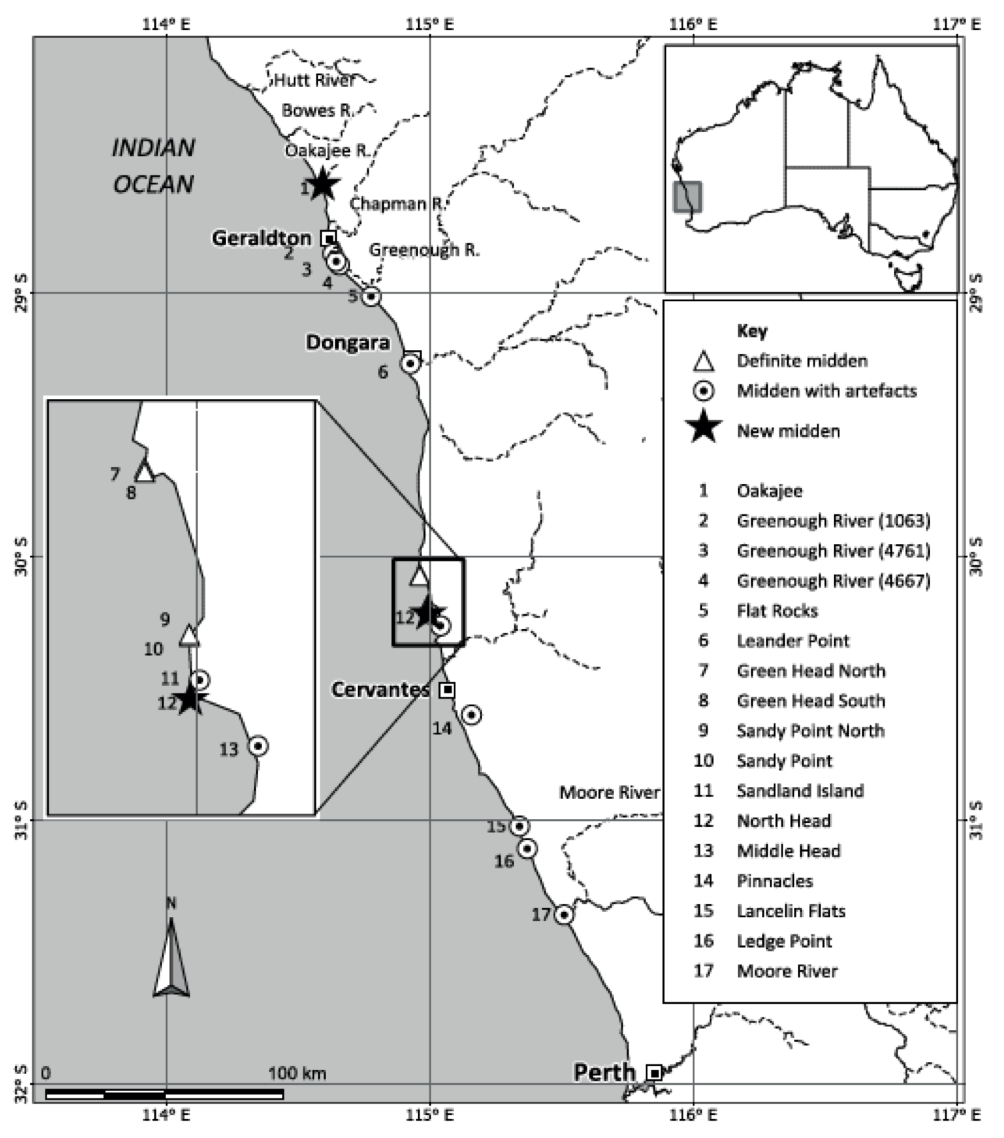 Map of the lower Mid West Coastline showing location of midden sites (published in Australian Archaeology 80:100).